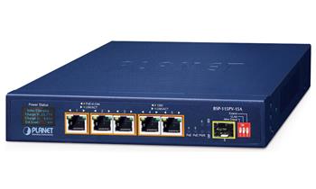 Planet BSP-115PV-15A solární PoE+ switch, 5x1Gb, 1x1Gb SFP, 5x PoE+ 802.3at, -20~65°C , IP30, LCD displej