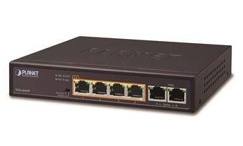 Planet FSD-604HP, PoE switch 4x PoE 802.3at 60W+ 2x 100Base-TX,VLAN,extend mód 10Mb/s do 250m, fanless,ESD