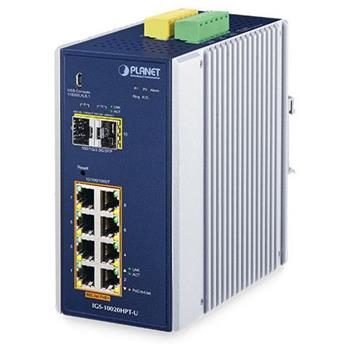 Planet IGS-10020HPT-U průmyslový L2 switch, 8x1Gb, 2x2.5Gb SFP, 8x PoE 802.3at 240W, 12-54VDC, -40~75°C, 1x USB, IP30