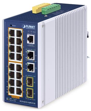 Planet IGS-4215-16P2T2S průmyslový L2 switch, 18x 1Gb, 2x1Gb SFP, 16x PoE 802.3at 320W, 48~54VDC, IP30