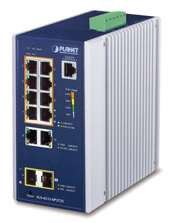 Planet IGS-4215-8P2T2S průmyslový L2 switch, 10x 1Gb, 2x1Gb SFP, 8x PoE 802.3at 240W, 48~54VDC, IP30