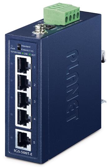 Planet IGS-500T-E, 5x 1000Base-T, DIN, IP40, rozšířený teplotní rozsah -40~75°C, ESD+EFT do 6kV, triple 12~55VDC, 250m