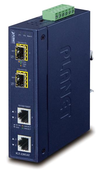 Planet IGT-2205AT, konvertor 2x1Gb, 2xSFP 100/1G/2.5G, -40až+75C, ESD, Backup Link, IP30, 24VAC/12-48VDC