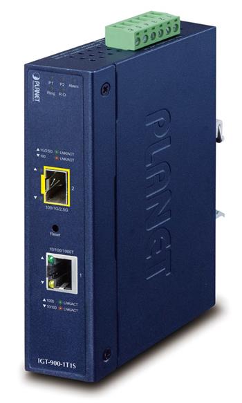 Planet IGT-900-1T1S IP30 průsmyslový konvertor 1x 1000Base-T, 1x SFP port, SNMP, VLAN, -40až+75st, 9-48VDC