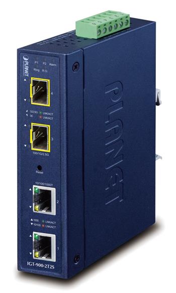 Planet IGT-900-2T2S IP30 průsmyslový konvertor 2x 1000Base-T, 2x SFP port, SNMP, VLAN, Backup Link, -40až+75st, 9-48VDC