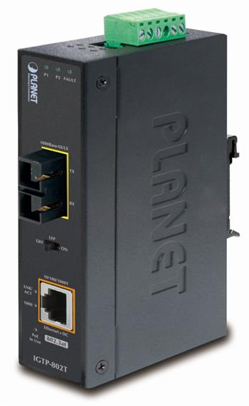 Planet IGTP-802T konvertor RJ45/SC, 1Gbps, PoE injektor 802.3at, -40 až 75 st.C, IP30, ESD 12-48 V DC