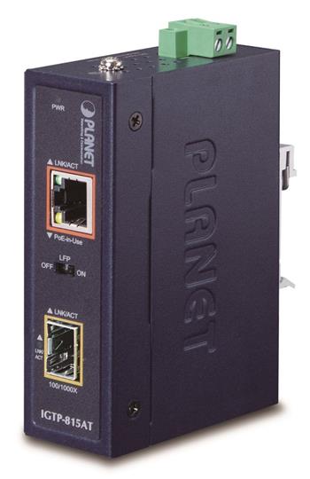 Planet IGTP-815AT konvertor RJ45/SFP, 1Gbps, PoE injektor 802.3at, -40 až 75 st.C, IP30, EFT+ESD, malý rozměr