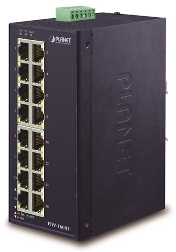 Planet ISW-1600T, 16x 10/100, DIN,IP30, -40~75°C, 12-48VDC, IEEE 802.3az (EEE), EFT+ESD