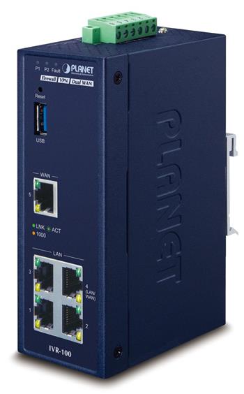 Planet IVR-100 Router/firewall VPN/VLAN/QoS, 2xWAN(SD-WAN), 3xLAN, IP30, -40 až +75°C, 9-48VDC