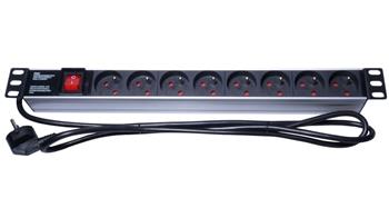 PremiumCord Panel napájecí 1U do 19" racku, 8x230V, 2m kabel, vypínač