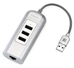 REMAX USB hub + RJ-45 / RU-U4 / z USB 2.0 typ A samec na 3x USB 2.0 typ A samice / stříbrná
