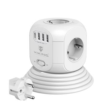 Síťový adaptér Viking AC Cube/Output:4xAC,3xUSB-A,1xUSB-C/Tlačítko ON/OFF/zásuvka typu E
