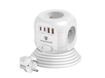 Síťový adaptér Viking AC CUBE PD30/Output: 4xAC, 2xUSB-A, 2xUSB-C/výkon až 3500W/ ON/OFF tlačítko