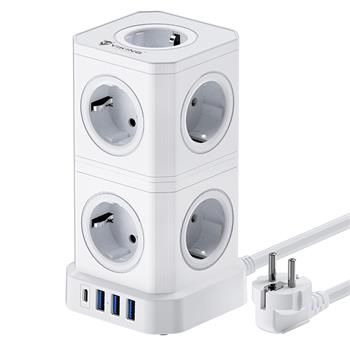 Síťový adaptér Viking ACT94, rozložitelný/Output:9xAC,3xUSB-A,1xUSB-C/Tlačítko ON/OFF/zásuvka typu F