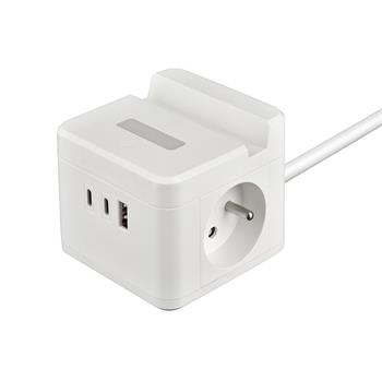 Síťový adaptér VIKING YC23H, bílá/Output:2xAC,1xUSB-A,2xUSB-C/držák na mobil/LED světlo/1,4m kabel