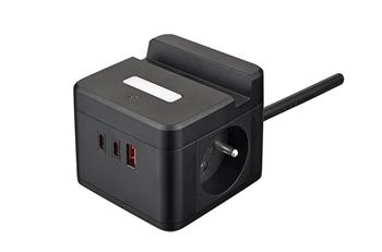 Síťový adaptér VIKING YC23H, černá/Output:2xAC,1xUSB-A,2xUSB-C/držák na mobil/LED světlo/1,4m kabel