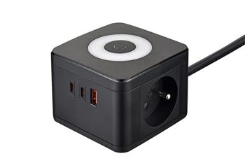 Síťový adaptér VIKING YC23L, černá/Output:2xAC,1xUSB-A,2xUSB-C/dotykové LED světlo/1,4m kabel