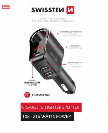 SWISSTEN AUTOADAPTÉR S VÝSTUPEM 1x CL, 1x UCB-C PD a 2x USB-A, 108W - 216W