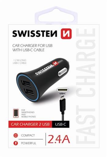 SWISSTEN CAR CHARGER 2,4A POWER WITH 2x USB + CABLE USB-C