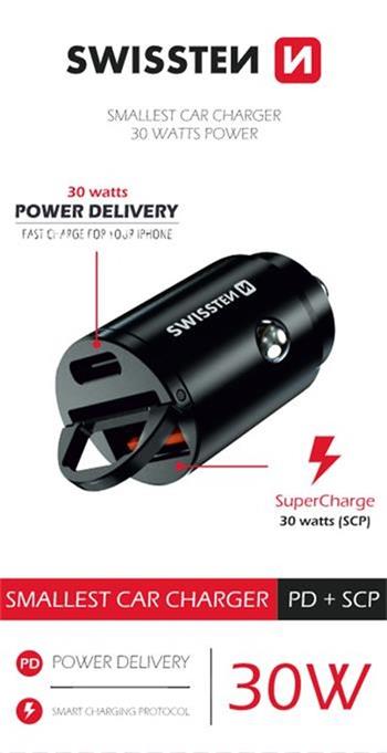 SWISSTEN CL ADAPTÉR POWER DELIVERY USB-C + SUPER CHARGE 3.0 30W NANO CERNÝ