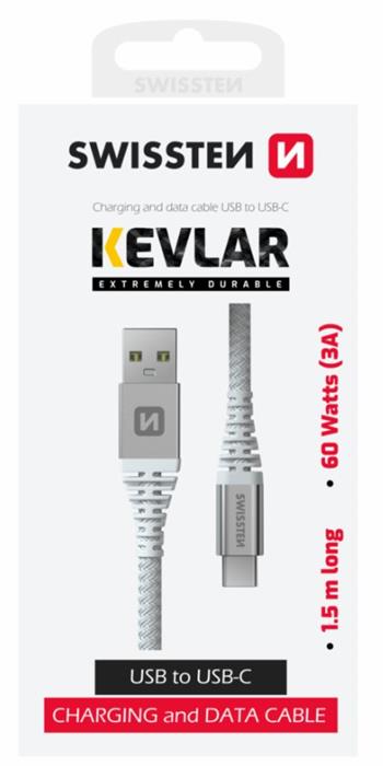 SWISSTEN DATOVÝ KABEL KEVLAR USB / USB-C 1,5 M BÍLÝ