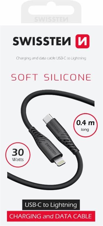 SWISSTEN DATOVÝ KABEL SOFT SILICONE USB-C / LIGHTNING 0,4 M ČERNÝ