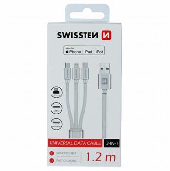 SWISSTEN DATOVÝ KABEL TEXTILE 3in1 MFi 1,2 M STŘÍBRNÝ