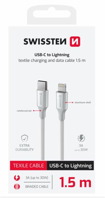 SWISSTEN DATOVÝ KABEL TEXTILE II USB-C / LIGHTNING 1,5 M BÍLÝ