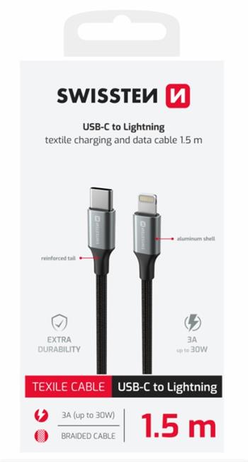 SWISSTEN DATOVÝ KABEL TEXTILE II USB-C / LIGHTNING 1,5 M ČERNÝ