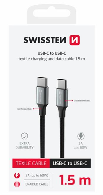 SWISSTEN DATOVÝ KABEL TEXTILE II USB-C / USB-C 1,5 M ČERNÝ