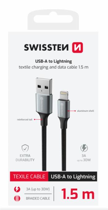 SWISSTEN DATOVÝ KABEL TEXTILE II USB / LIGHTNING 1,5 M ČERNÝ