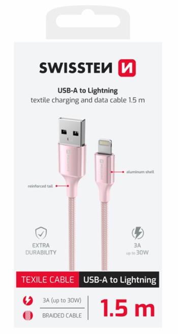 SWISSTEN DATOVÝ KABEL TEXTILE II USB / LIGHTNING 1,5 M RŮŽOVÝ