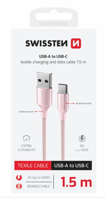 SWISSTEN DATOVÝ KABEL TEXTILE II USB / USB-C 1,5 M RŮŽOVÝ