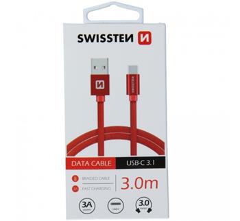 SWISSTEN DATOVÝ KABEL TEXTILE USB / USB-C 3,0 M ČERVENÝ