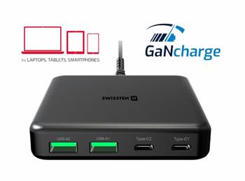 SWISSTEN MINI DESKTOP ADAPTÉR GaN 2x USB-C + 2xUSB 65W POWER DELIVERY ČERNÝ