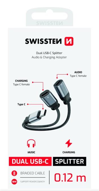 SWISSTEN NABÍJECÍ AUDIO ADAPTÉR TEXTILE USB-C (samec) / 2x USB-C (samice) 0,12 M ČERNÝ