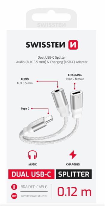 SWISSTEN NABÍJECÍ AUDIO ADAPTÉR TEXTILE USB-C (samec) / USB-C (samice) a 3,5mm AUX 0,12 M BÍLÝ