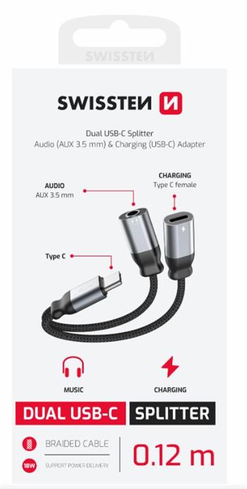 SWISSTEN NABÍJECÍ AUDIO ADAPTÉR TEXTILE USB-C (samec) / USB-C (samice) a 3,5mm AUX 0,12 M ČERNÝ