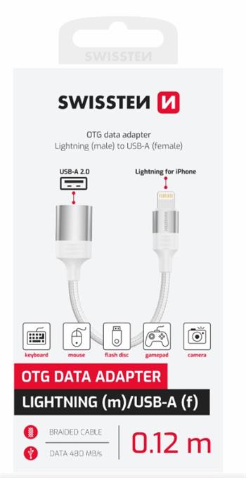 SWISSTEN OTG ADAPTÉR TEXTILE LIGHTNING (samec) / USB-A (samice) 0,12 M ČERNÝ (nahrazuje 55500300)