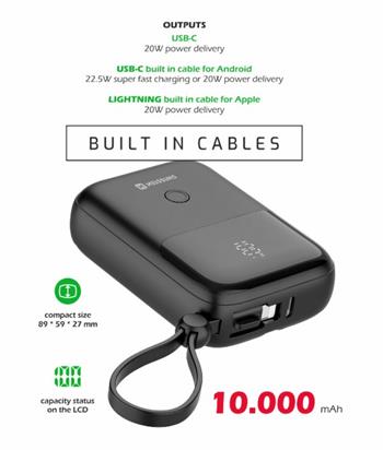 SWISSTEN POWER BANK 10000 mAh 22,5W S INTEGROVANÝMI KABELY USB-C A LIGHTNING