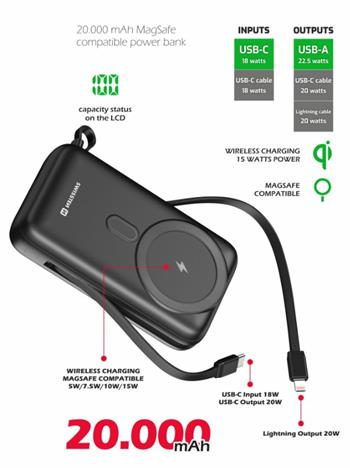 SWISSTEN POWER BANK 20000 mAh PD 20W S INTEGROVANÝMI KABELY USB-C A LIGHTNING (kompatibilní s MagSafe)