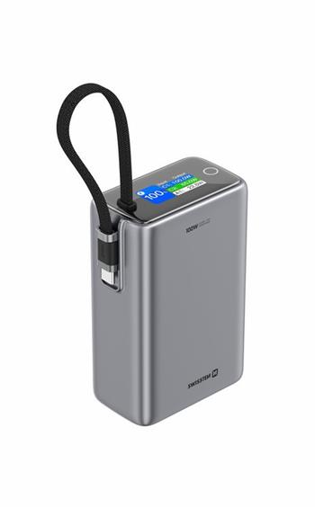 SWISSTEN POWER BANK CESTOVNÍ 25000 mAh (96.25Wh) 100W S INTEGROVANÝM KABELEM USB-C ŠEDÁ