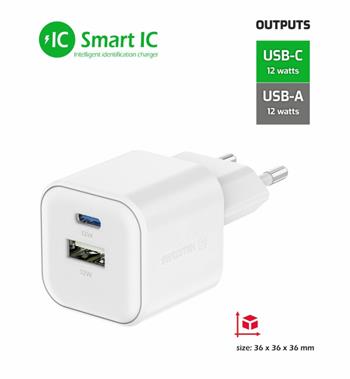 SWISSTEN SÍŤOVÝ ADAPTÉR 12W 1x USB-C + 1x USB-A BÍLÝ