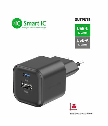 SWISSTEN SÍŤOVÝ ADAPTÉR 12W 1x USB-C + 1x USB-A ČERNÝ