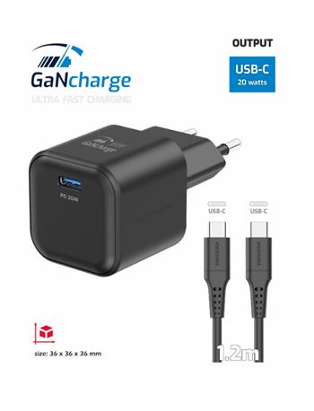 SWISSTEN SÍŤOVÝ ADAPTÉR GaN 1x USB-C 20W POWER DELIVERY ČERNÝ + DATOVÝ KABEL USB-C/USB-C 1,2 M ČERNÝ