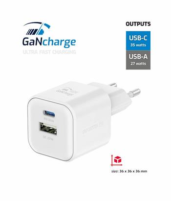 SWISSTEN SÍŤOVÝ ADAPTÉR GaN 1x USB-C 35W PD + 1x USB-A 27W QC BÍLÝ