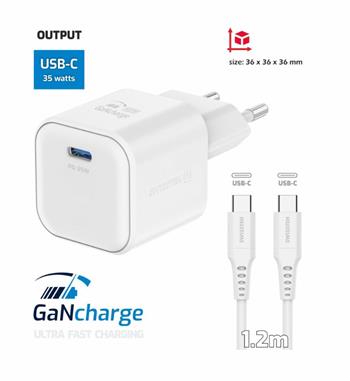 SWISSTEN SÍŤOVÝ ADAPTÉR GaN 1x USB-C 35W POWER DELIVERY BÍLÝ + DATOVÝ KABEL USB-C/USB-C 1,2 M BÍLÝ