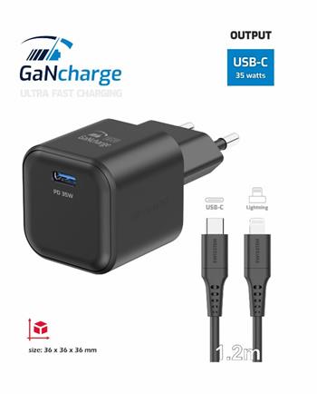 SWISSTEN SÍŤOVÝ ADAPTÉR GaN 1x USB-C 35W POWER DELIVERY ČERNÝ + DATOVÝ KABEL USB-C/LIGHTNING 1,2 M ČERNÝ