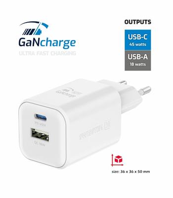 SWISSTEN SÍŤOVÝ ADAPTÉR GaN 1x USB-C 45W PD + 1x USB-A 18W QC BÍLÝ