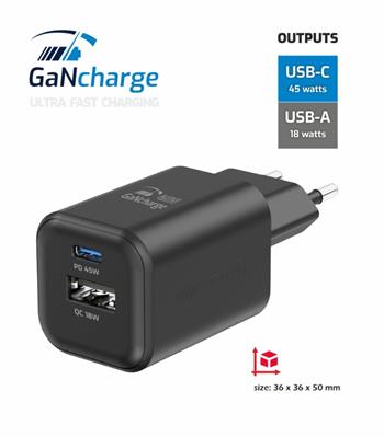 SWISSTEN SÍŤOVÝ ADAPTÉR GaN 1x USB-C 45W PD + 1x USB-A 18W QC ČERNÝ